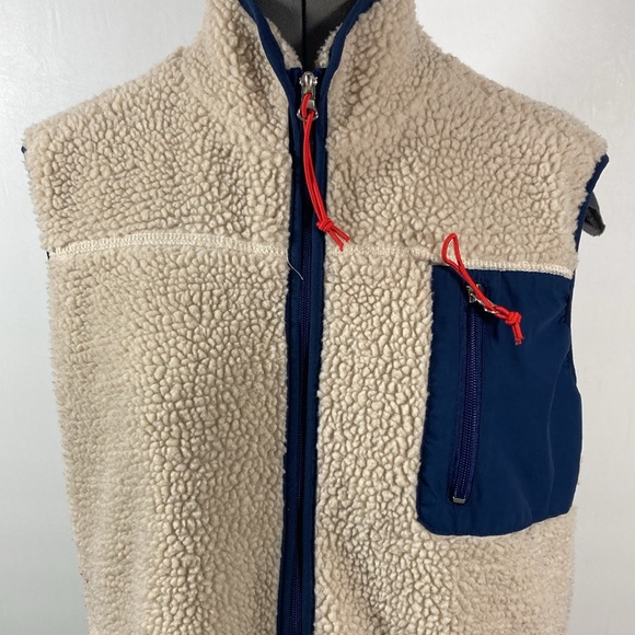 Wanna B Sherpa Vest Women Size M Blue & Cream Red Pull String on Pocket & Zipper - Picture 2 of 10